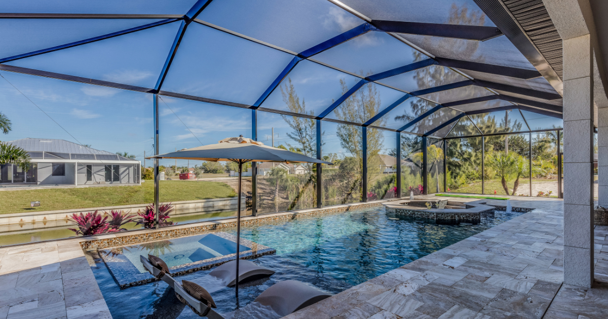 This Florida lanai enclosure encompasses the pool and extends the living space.