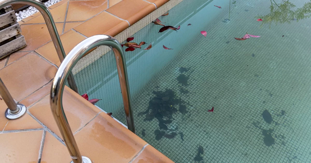 A pool is filled with floating leaves and debris at the bottom of the pool. 